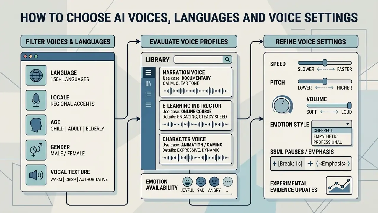 Flowchart showing steps to filter voices, evaluate profiles, and adjust settings in a free AI voice generator
