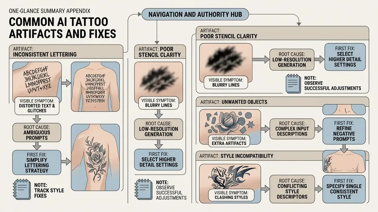 Summary table mapping common digital tattoo errors to their root causes and recommended technical fixes