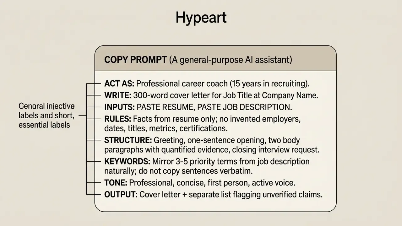 Structured text box detailing instructions for an AI career coach to draft a professional cover letter