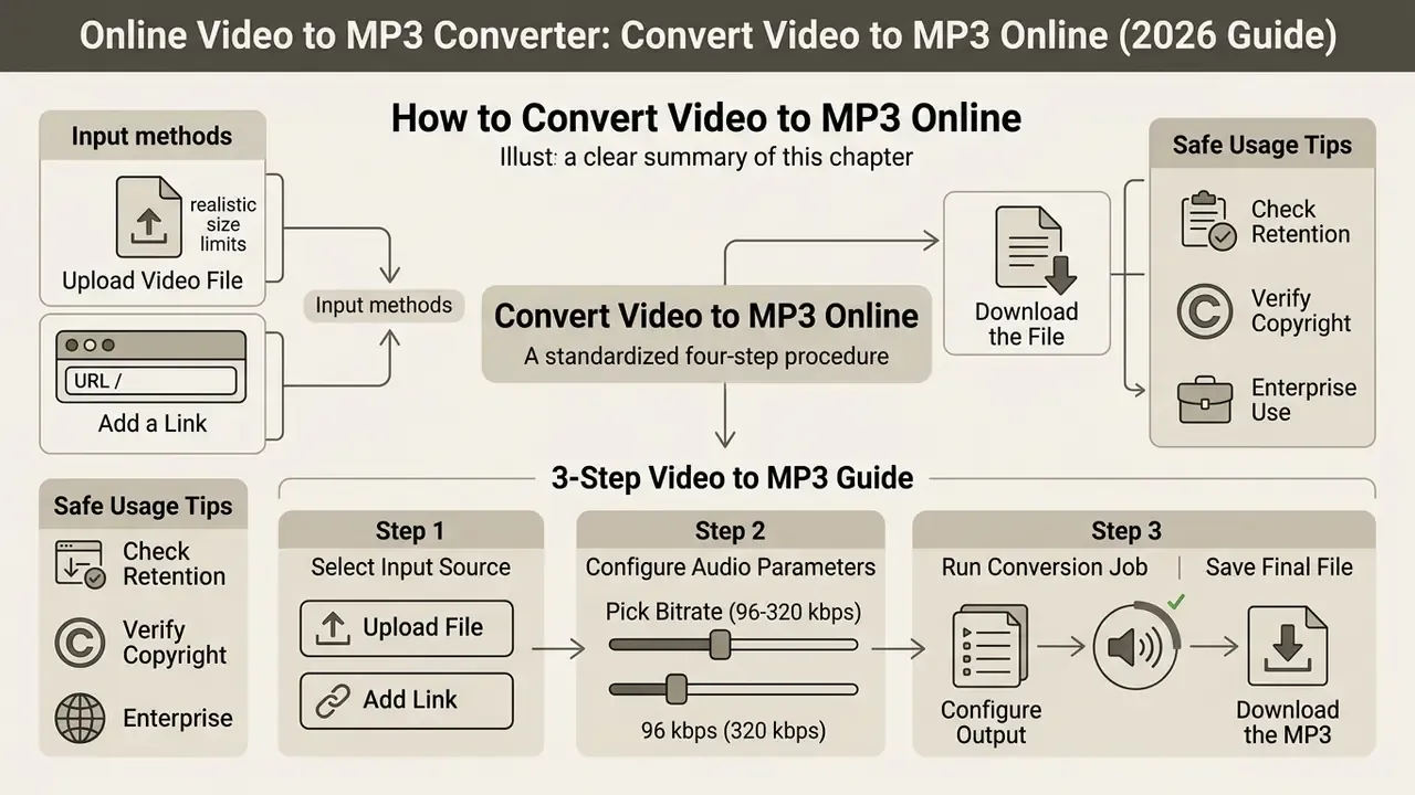 Diagram detailing the three-step workflow to convert video to MP3 online using various input methods