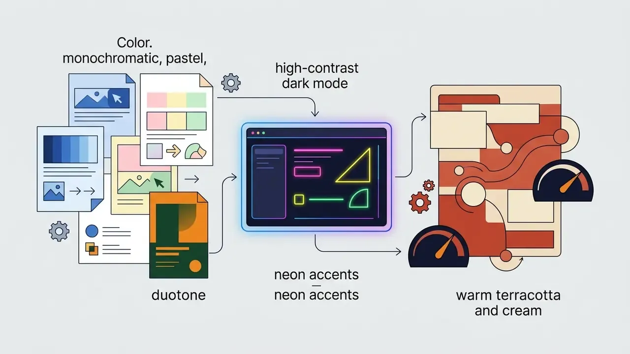 Documents with diverse color palettes feeding into a digital interface that outputs stylized graphic layouts