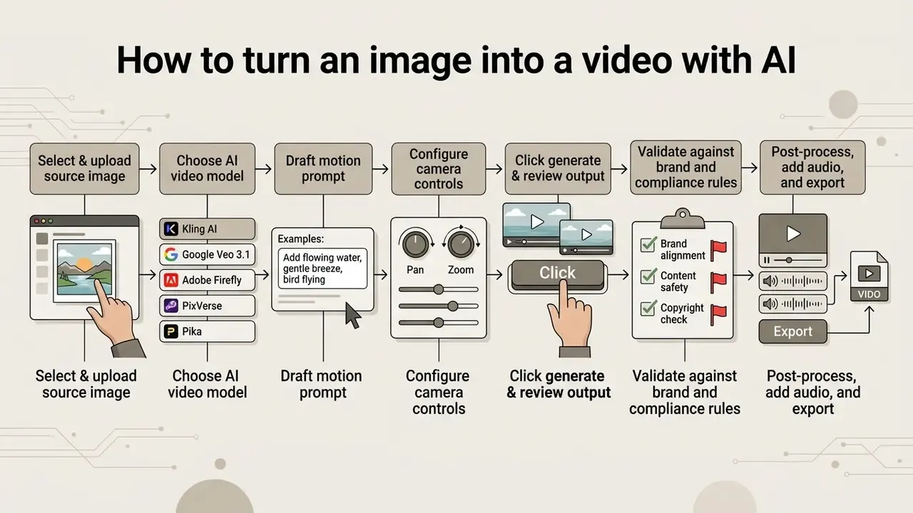 Sequential workflow diagram detailing the steps to create a video from a static image using AI tools