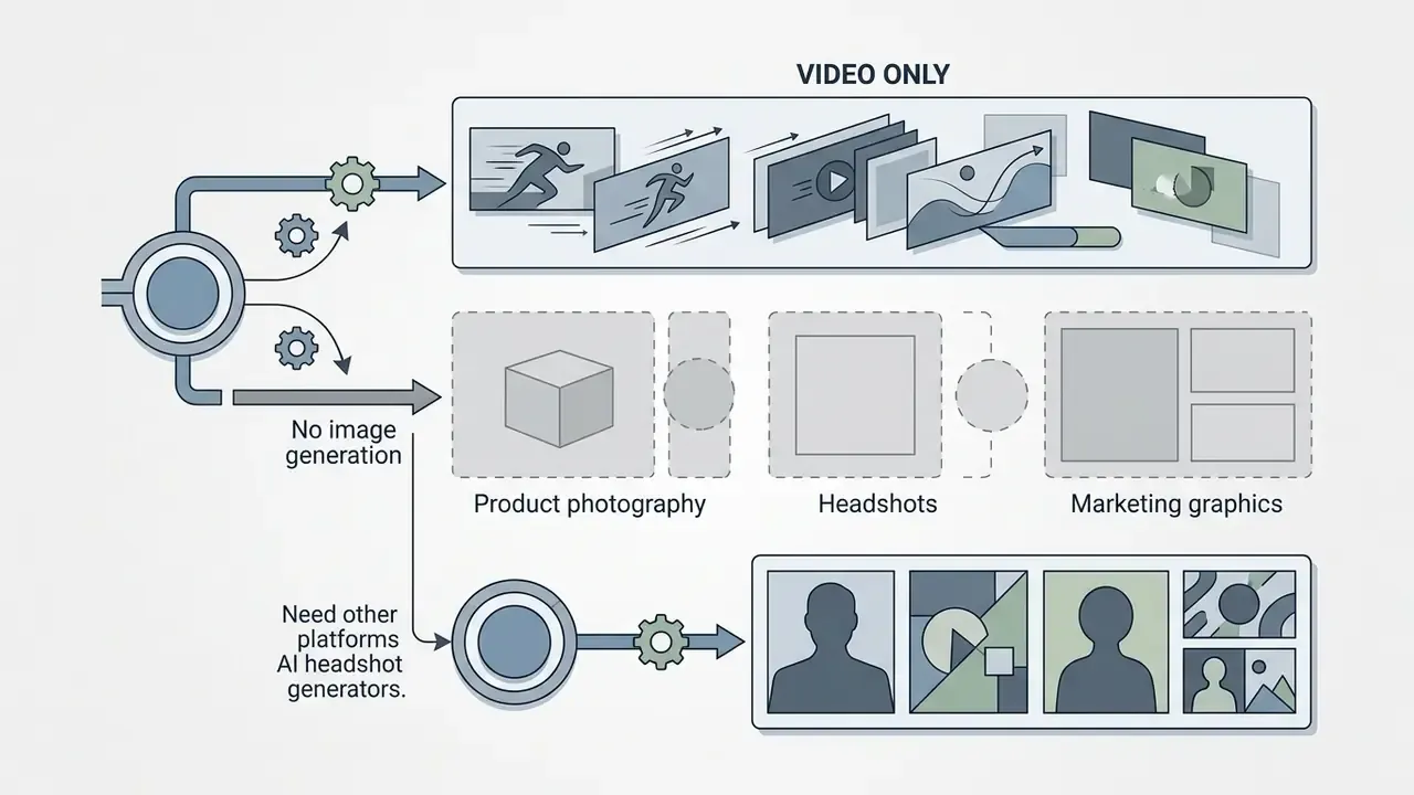 Workflow showing video-only output compared to the need for external platforms for static image assets