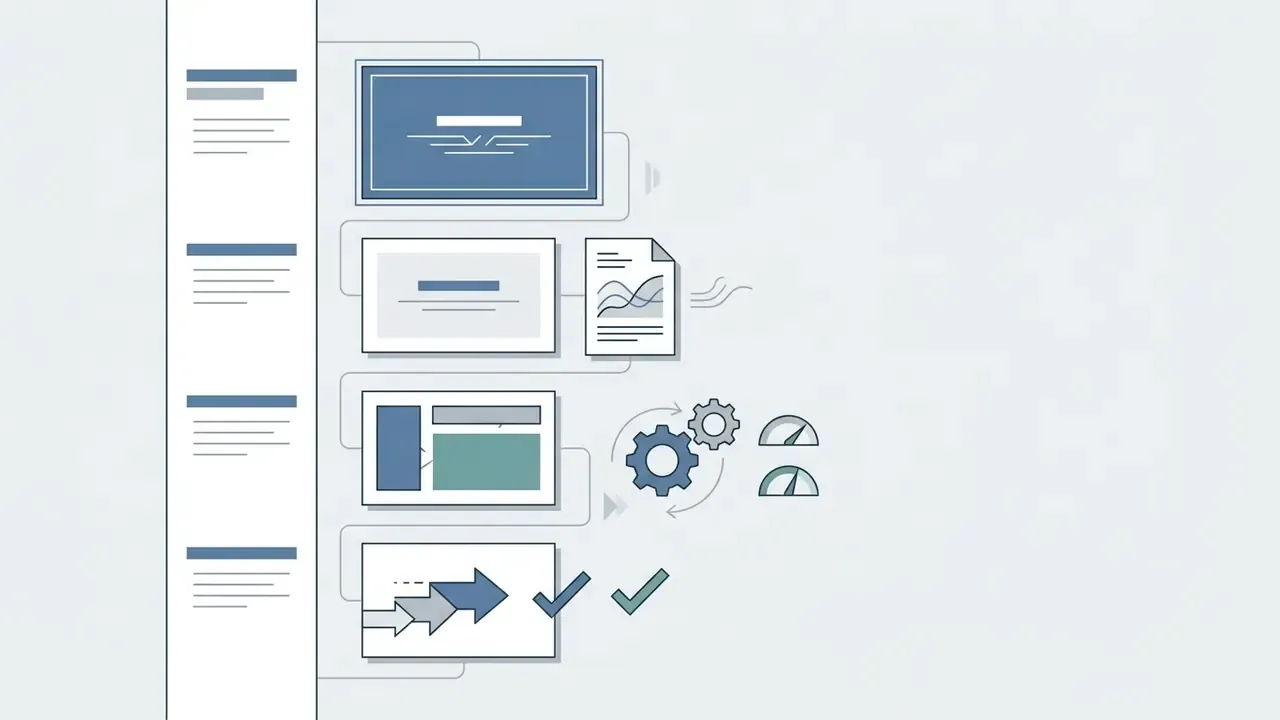 Vertical list of slide thumbnails connected to icons representing data processing and task completion
