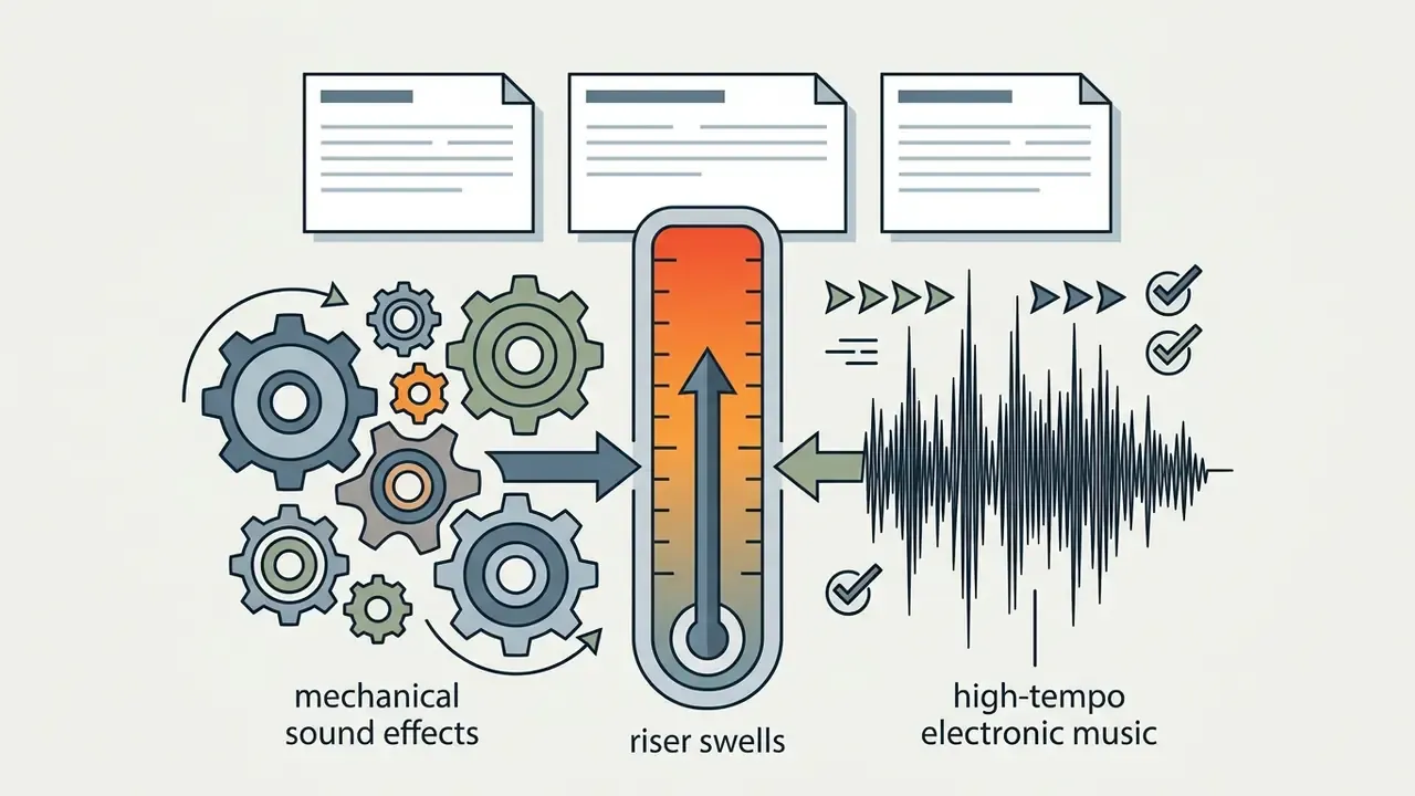 Gears and audio waveforms converging into a central intensity meter alongside document icons