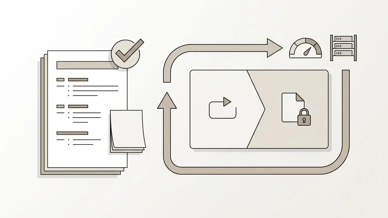 Document with a checkmark icon next to a looping arrow path connecting a sync symbol to a locked file