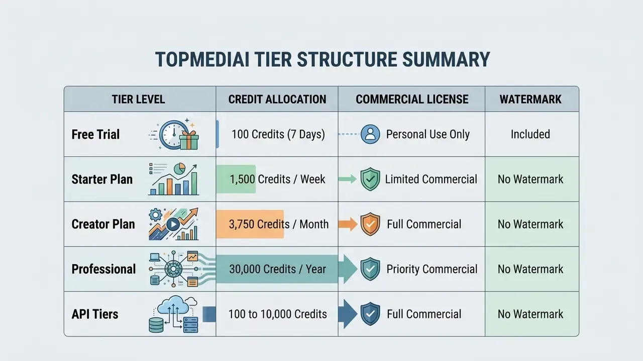 Comparison table outlining subscription tiers with credit amounts, license types, and watermark status