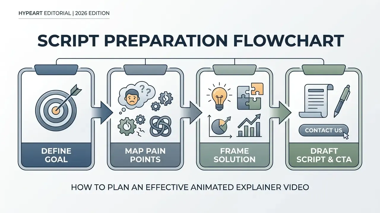 Four sequential clipboards outlining the steps to define goals, map pain points, frame solutions, and draft scripts