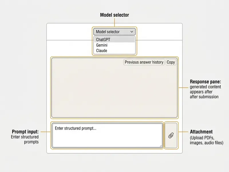 Annotated chat interface showing a model dropdown, response pane, prompt input, and attachment icon