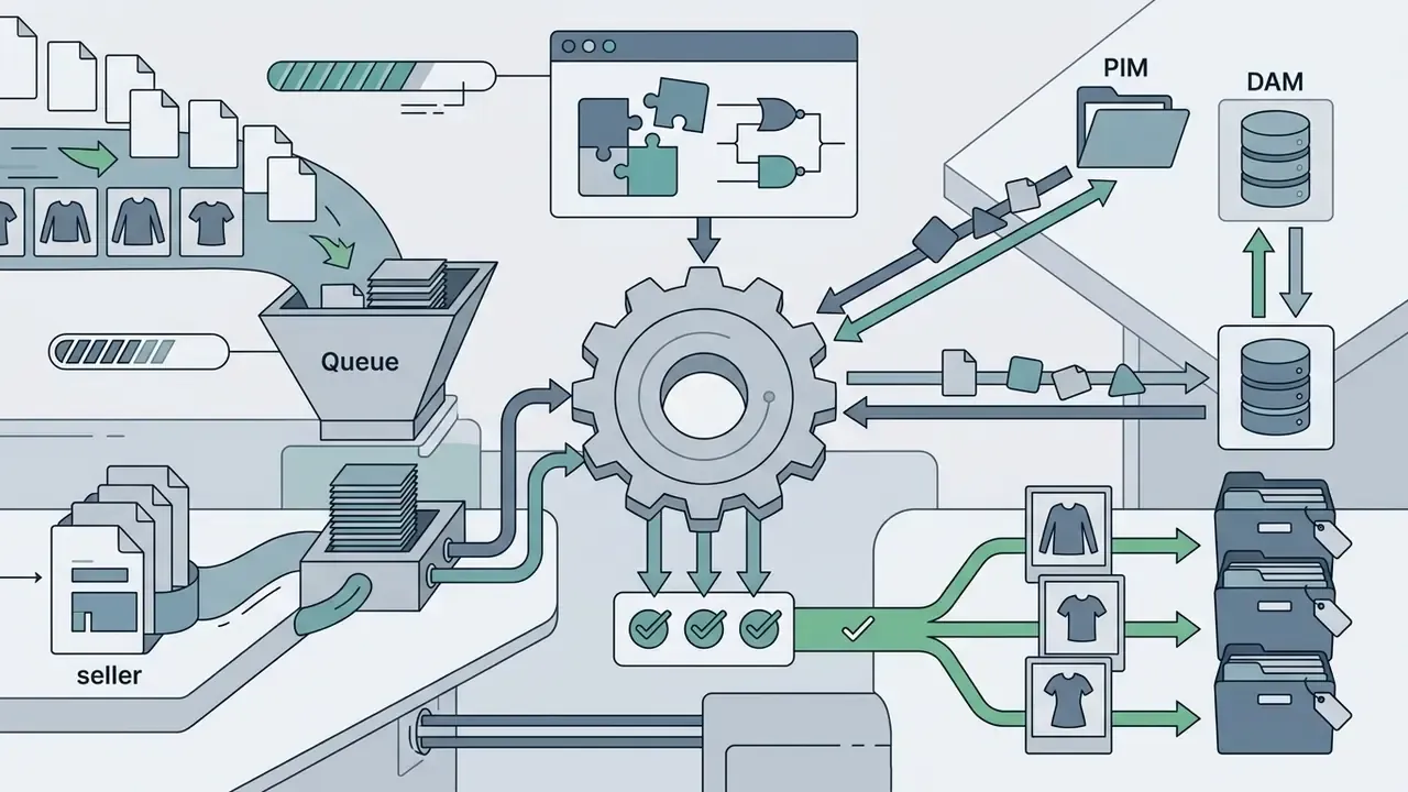 Data flow showing garment files moving through a queue and central engine to PIM and DAM repositories