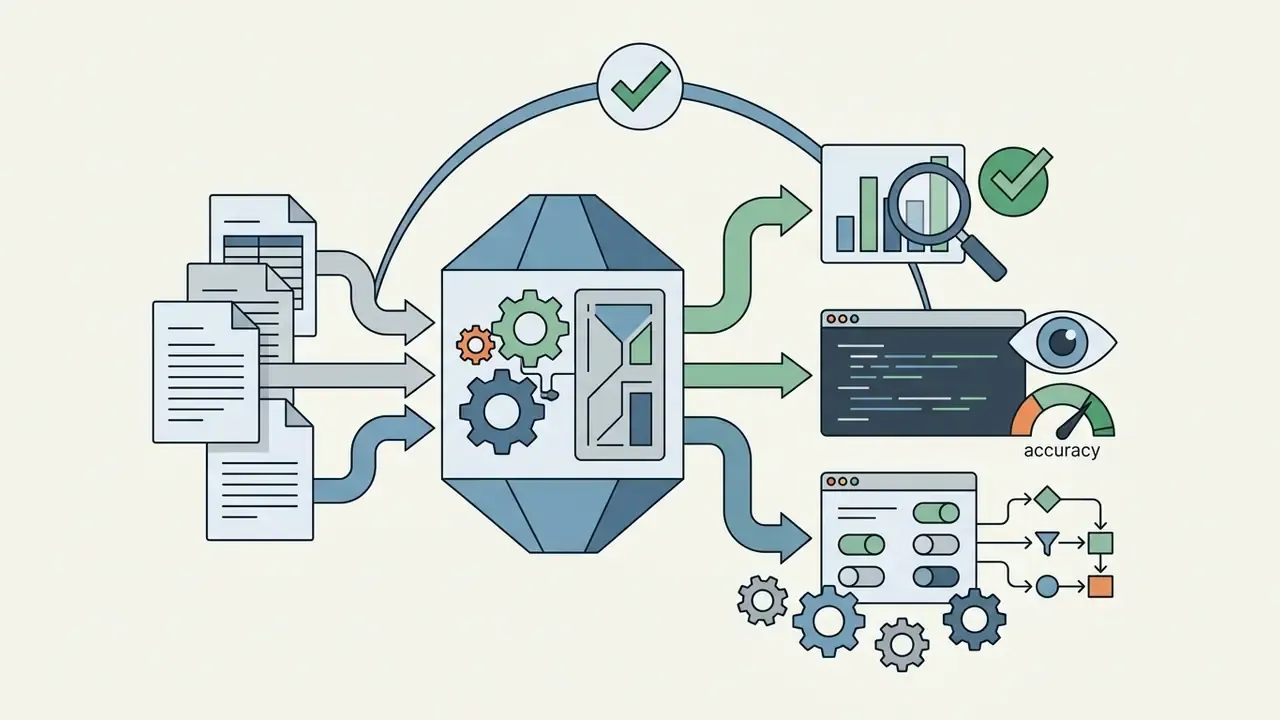 Files moving through a gear processor to inspect code and chart accuracy via a feedback loop