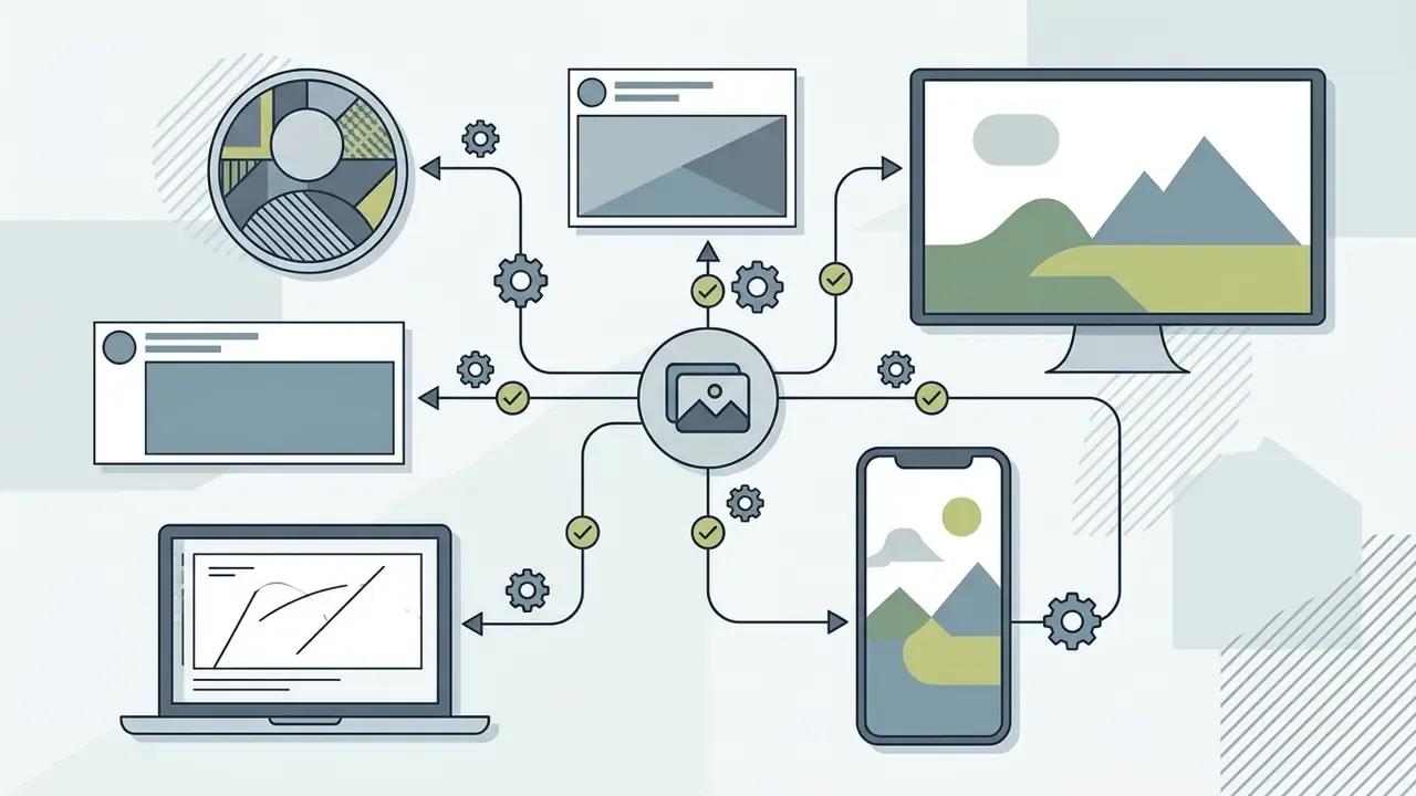 Central hub connecting an image file to various digital screens, social media posts, and device wallpapers