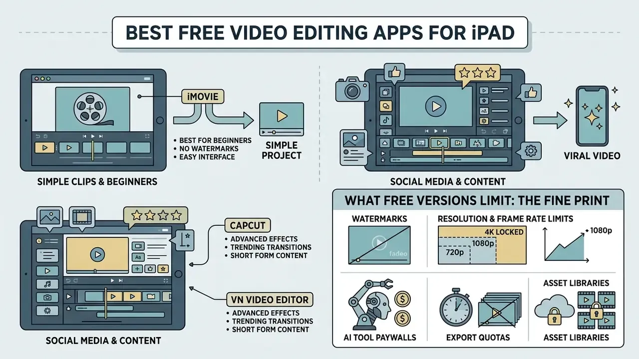 Infographic showing iPad video apps, their use cases, and common limitations like watermarks and paywalls