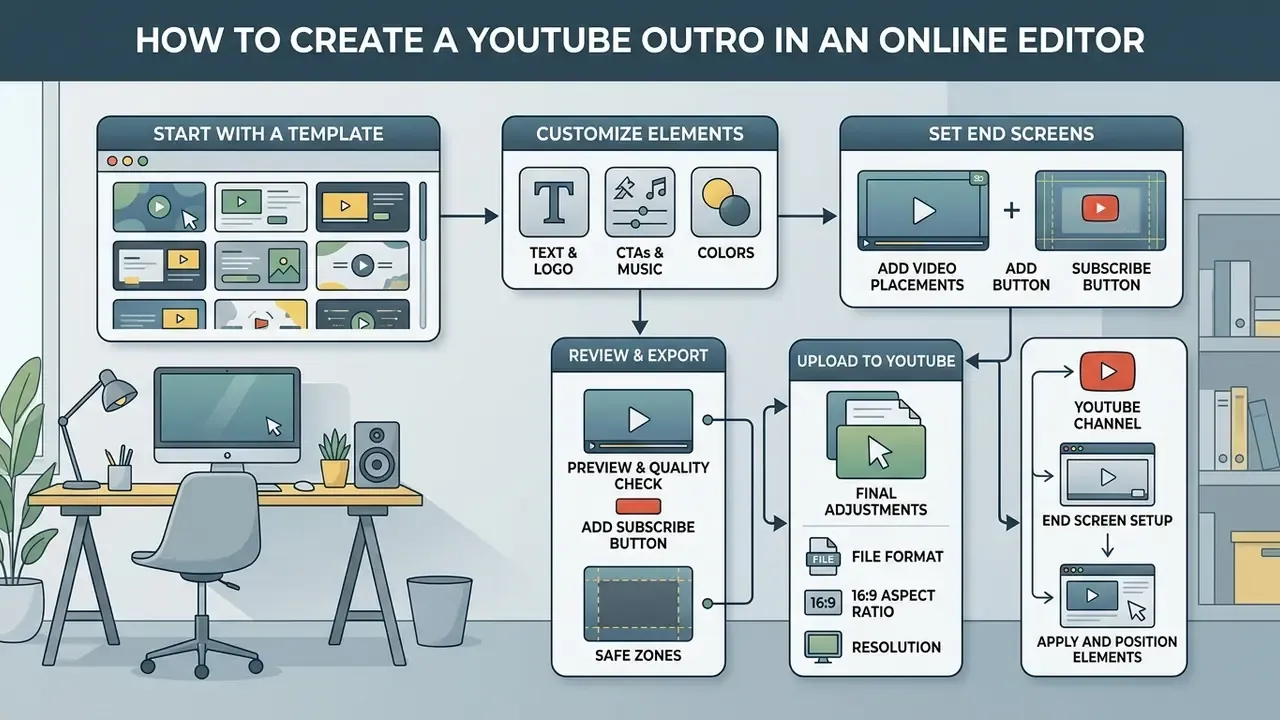 Sequential workflow diagram showing the stages of designing and publishing video end screens