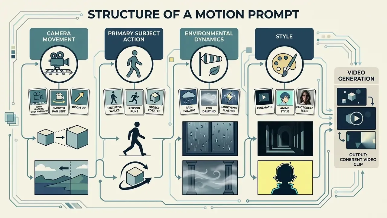 Conceptual layout showing how camera movement, subject action, environment, and style define video prompts