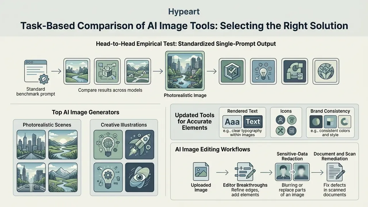 Flowchart detailing AI image tools for benchmarking, creative generation, and document editing workflows