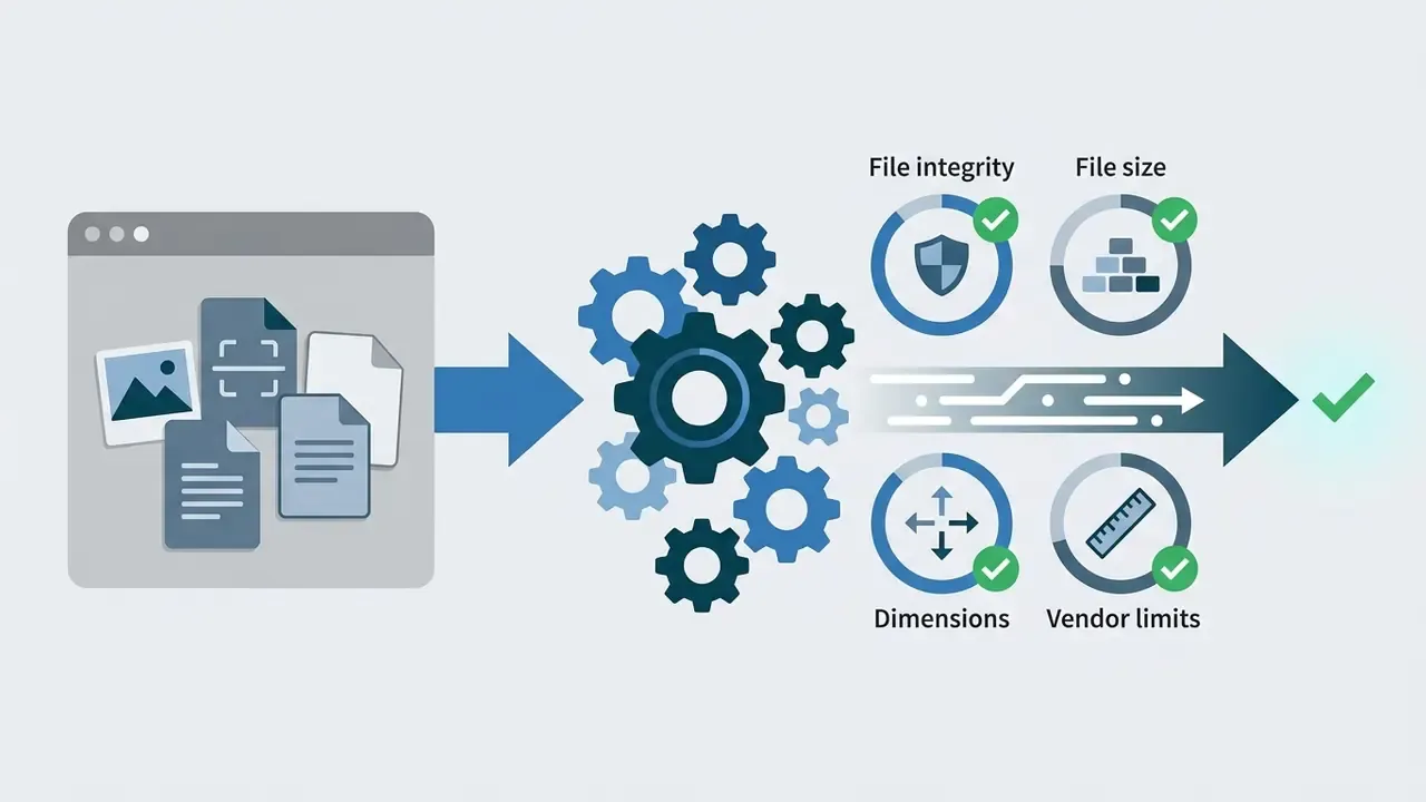 Web interface uploading documents through a gear mechanism to validate file integrity and size constraints