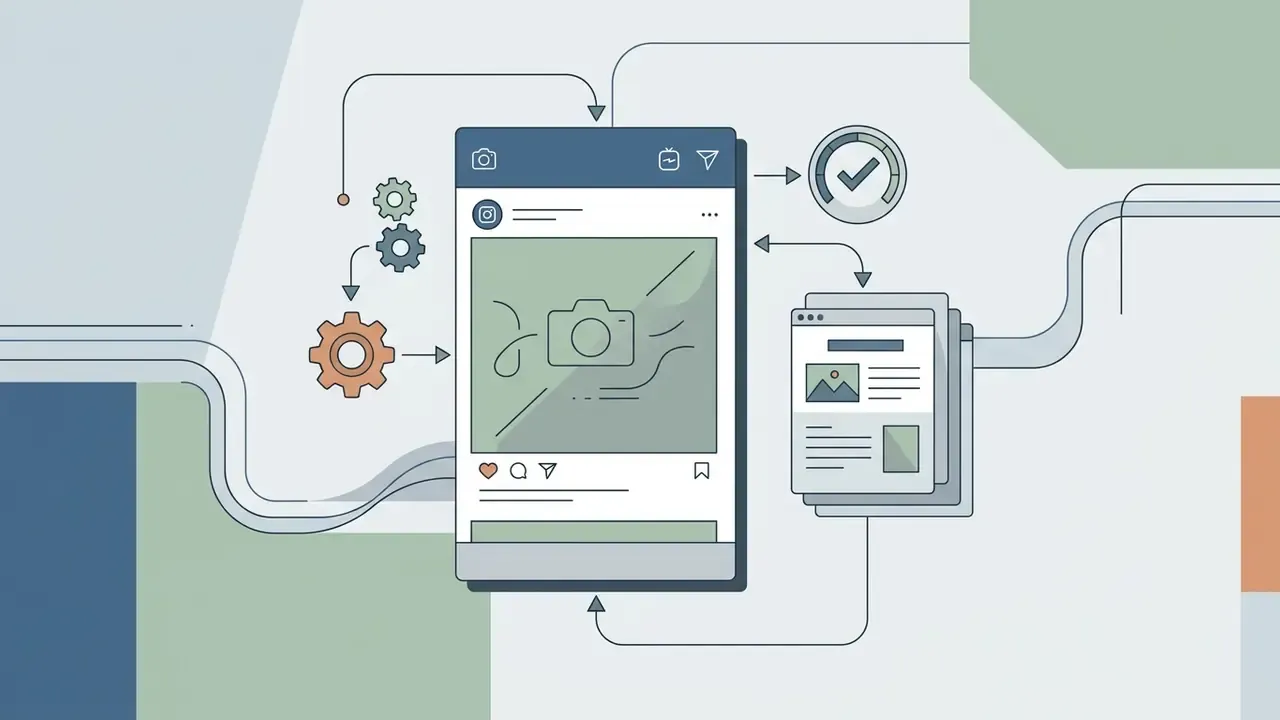 Social media interface connected to gear mechanisms and a document file representing content export workflows
