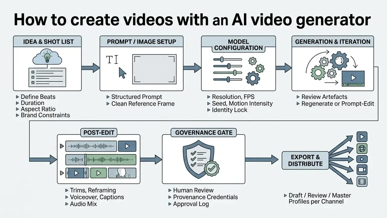 Sequential process flow for using an AI video generator from initial planning to final distribution