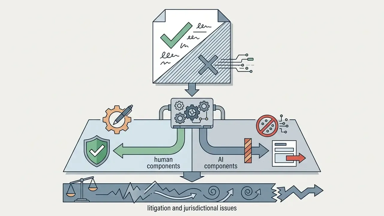 Conceptual graphic separating human and AI content contributions leading to legal and jurisdictional uncertainty