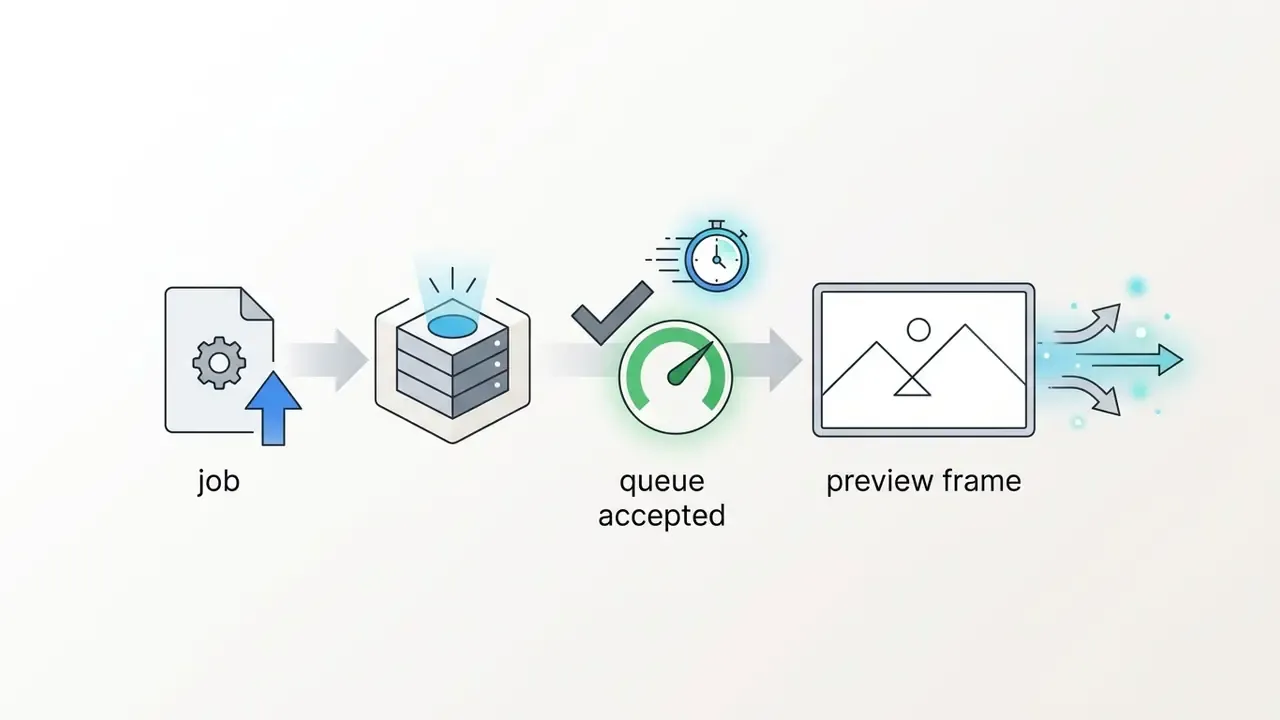 Sequence showing a job submission leading to a fast queue acceptance and a generated preview frame
