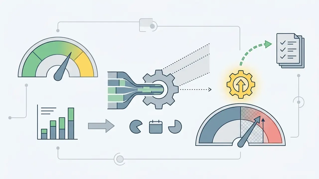 Data streams feeding into a gear mechanism that outputs to a checklist and a performance gauge