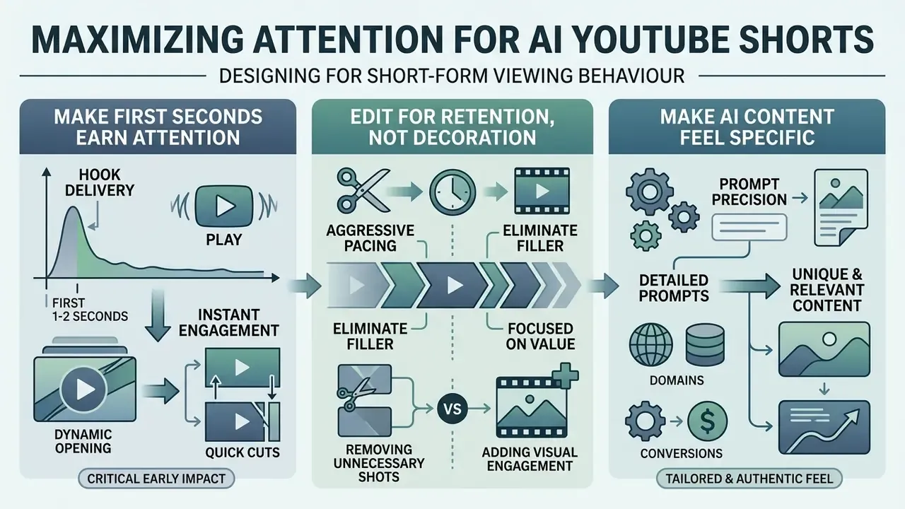 Three-part infographic detailing strategies for viewer retention through hooks, pacing, and prompt precision