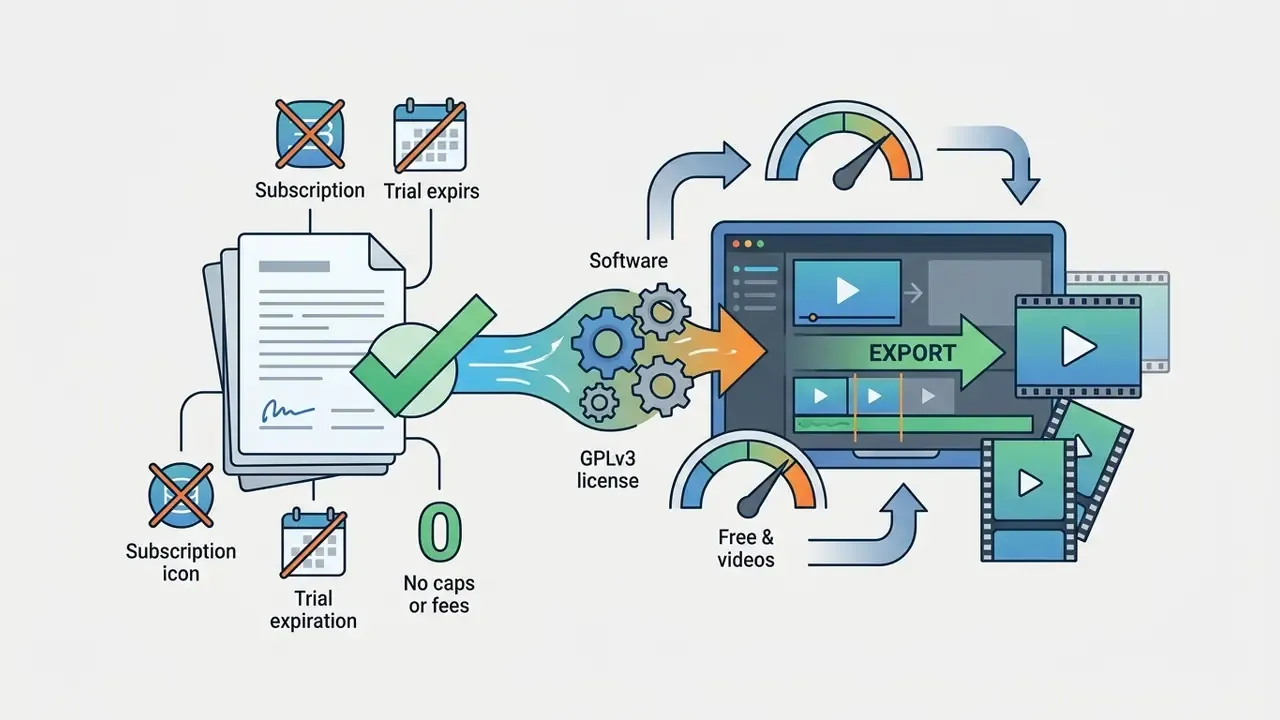 Visual representation of GPLv3 licensing benefits showing no subscriptions or fees for video production