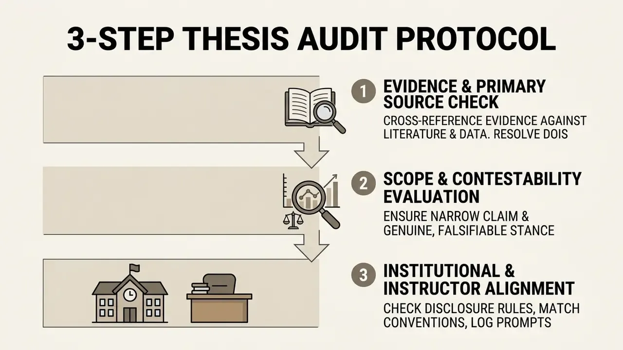 Three sequential steps for verifying academic research through evidence checks, scope evaluation, and alignment