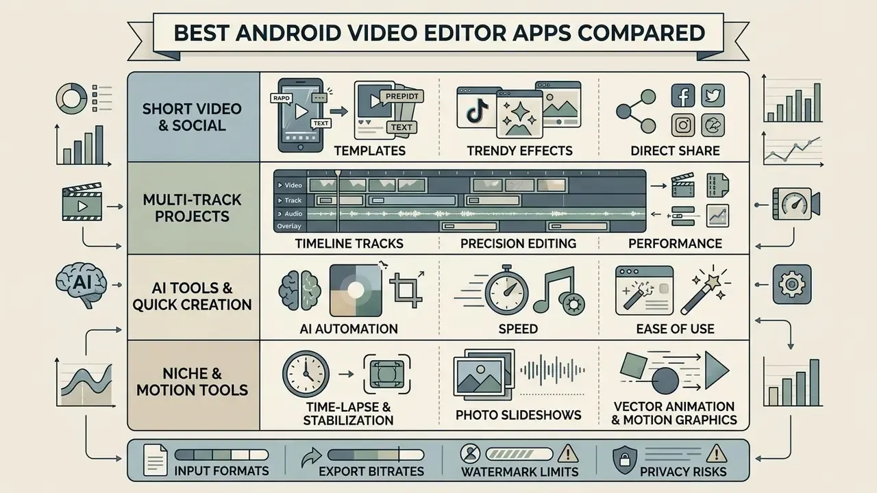 Categorized chart illustrating mobile editing features including social templates, AI tools, and motion graphics