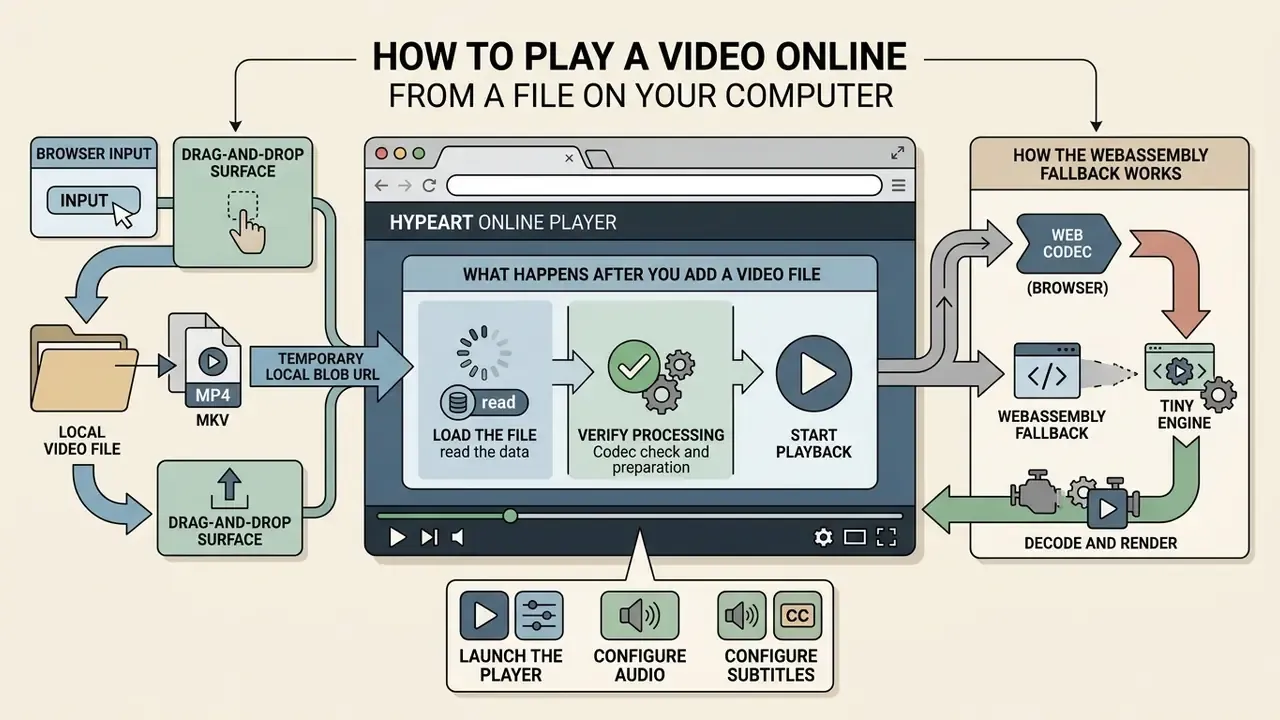 Flowchart detailing the steps to load and process local video files within an online video player