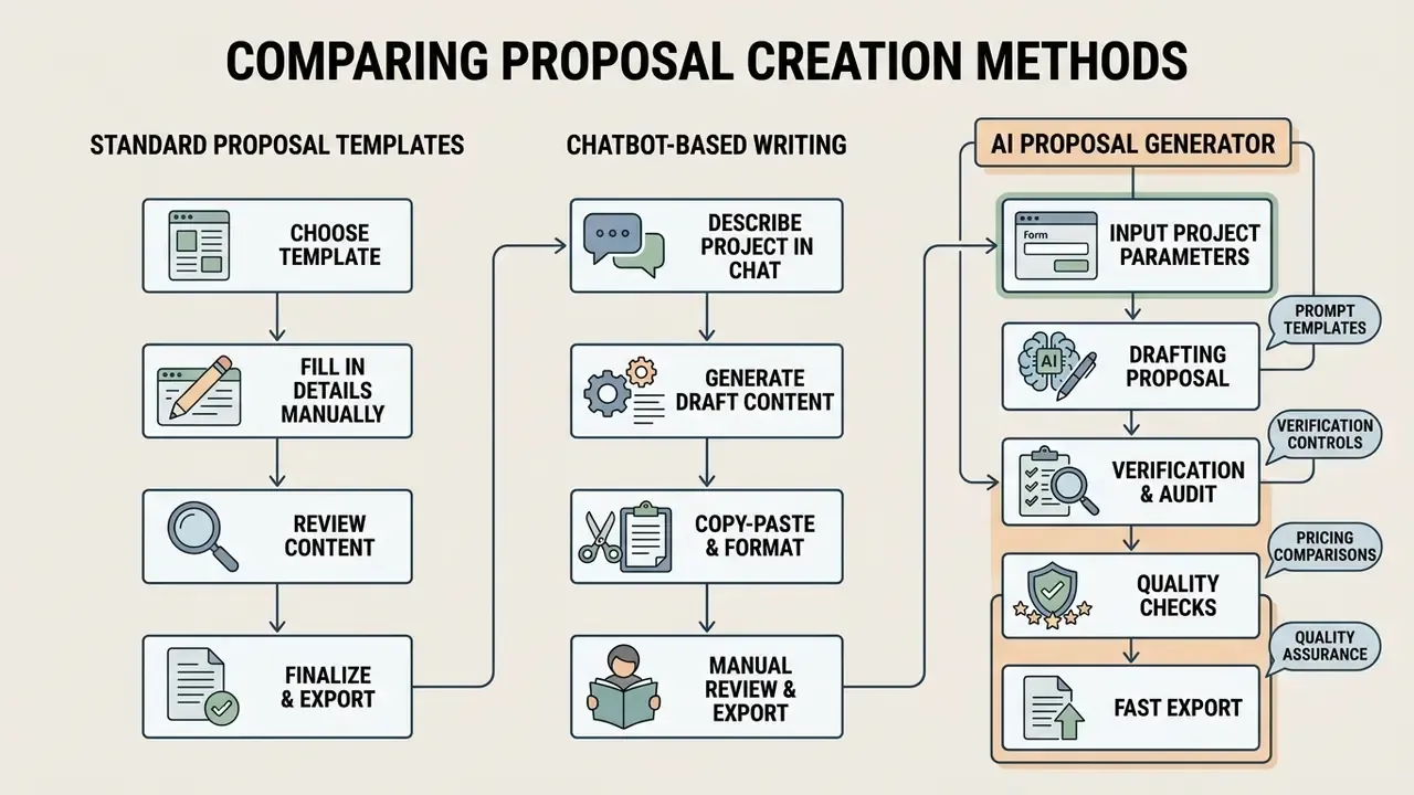 Comparison flowchart detailing steps for standard templates, chatbot writing, and an AI proposal generator