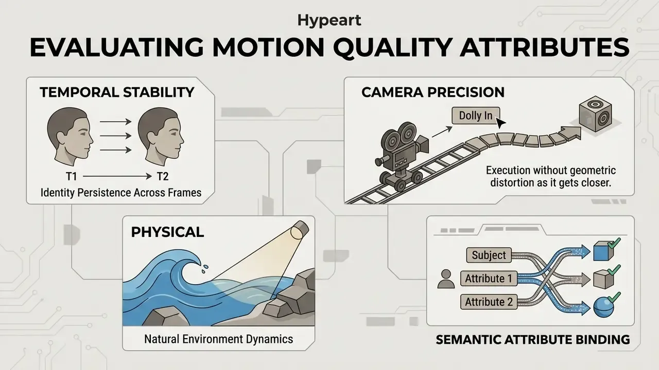 Infographic detailing criteria for motion quality including temporal stability, camera control, and physics