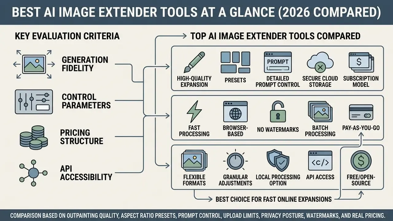 Infographic comparing AI image extender tools based on evaluation criteria like fidelity and pricing