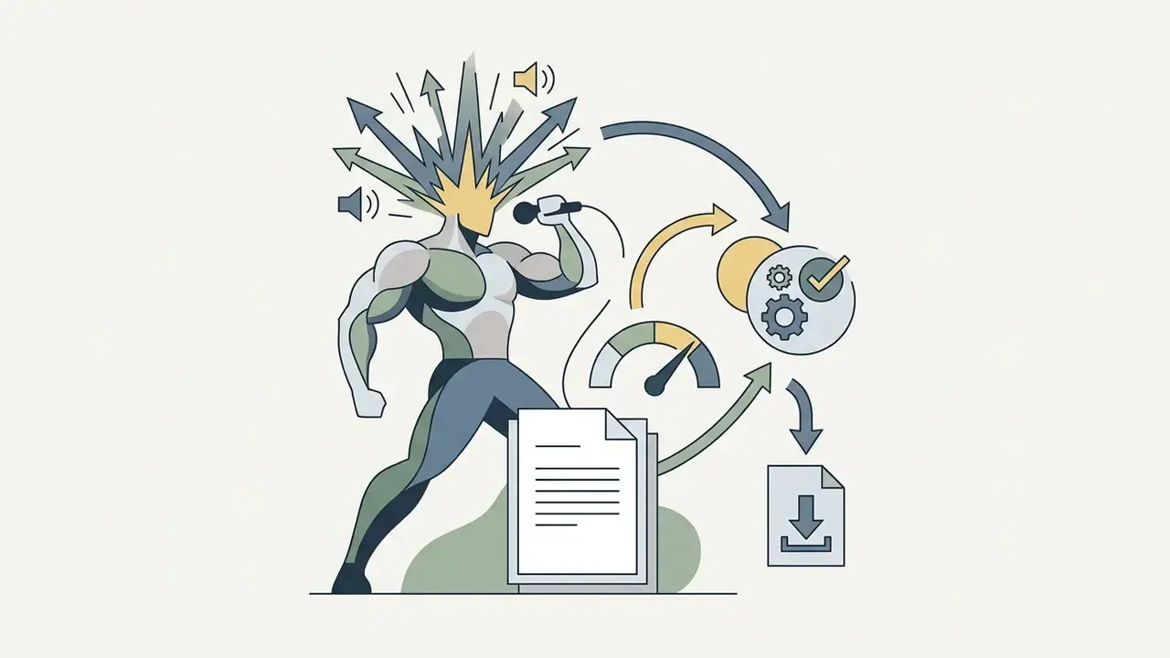 Muscular singer holding a microphone with radiating arrows feeding into a gear system and download file
