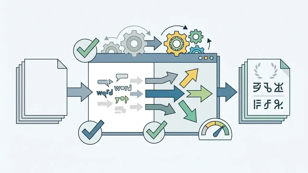 Documents entering a gear-driven processor that refines word choices into a final polished manuscript