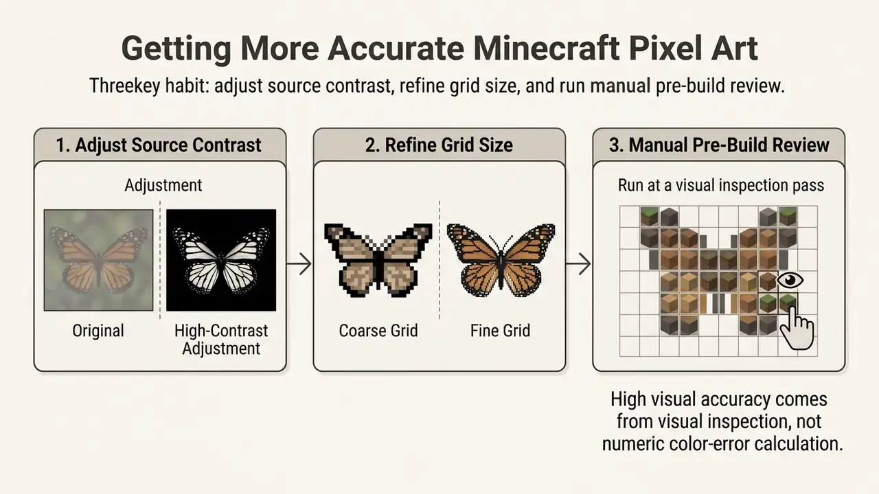 Three-step process for improving block-based designs by adjusting contrast, grid size, and visual review