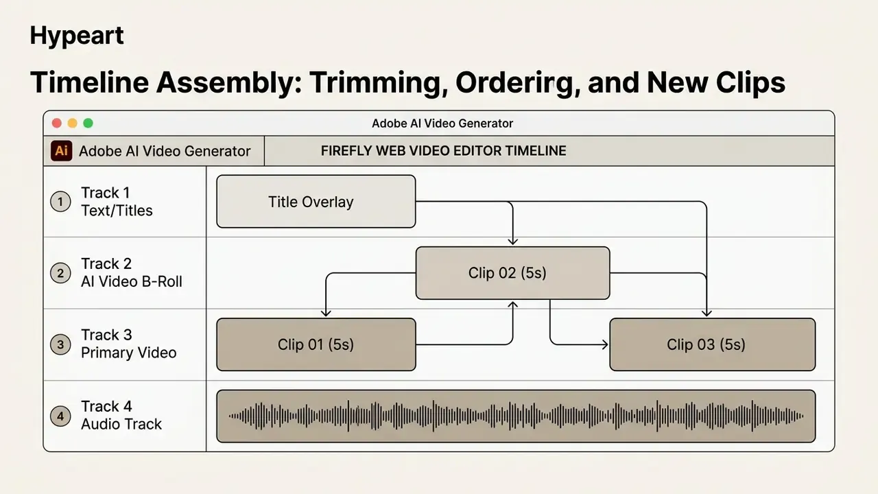 Layered interface showing four tracks for text, B-roll, primary video, and audio with connecting arrows