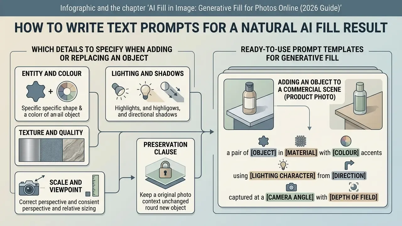 Guide showing prompt elements like object, lighting, and camera angle for generative image editing