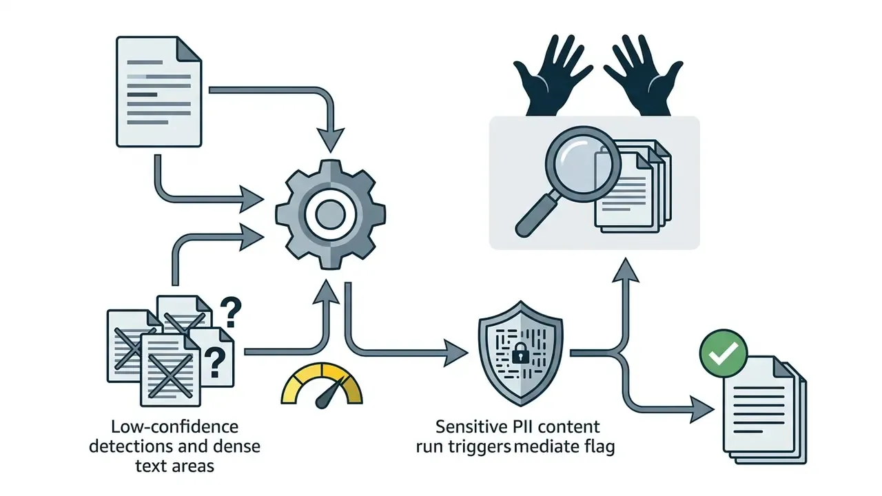 System flow routing flagged documents through a security shield to manual human review or approval