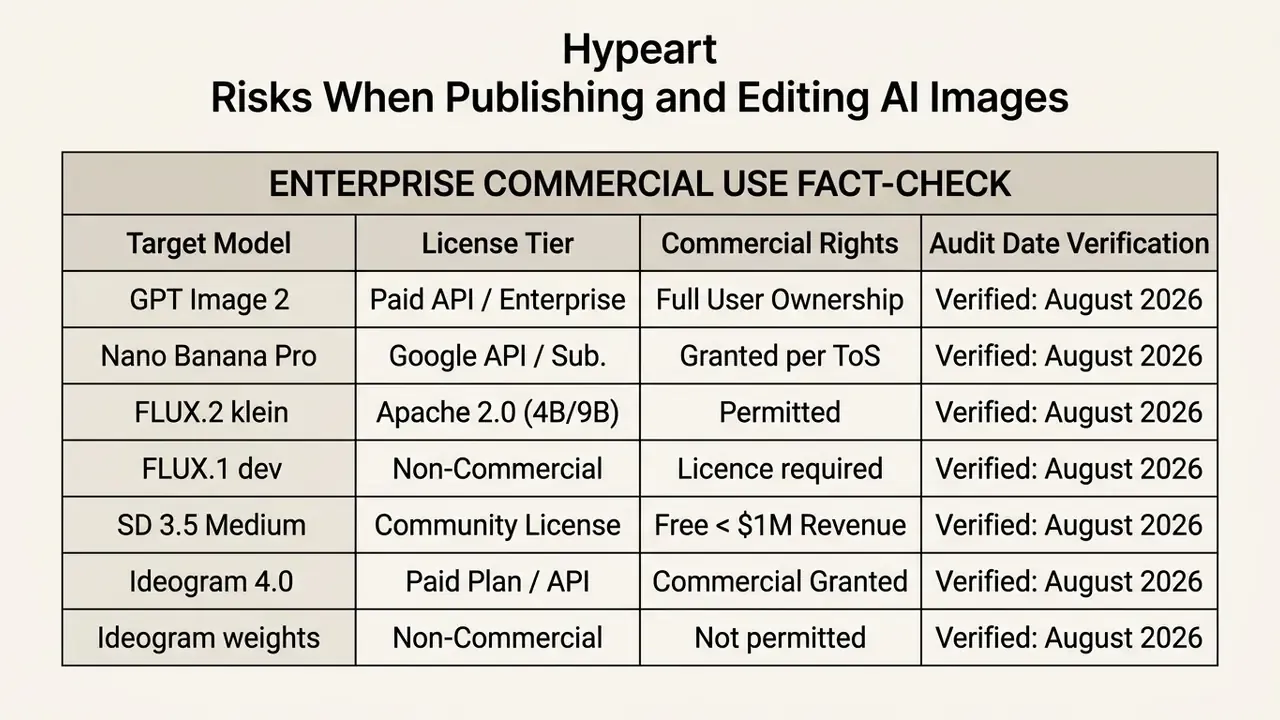 Table comparing commercial rights, license tiers, and audit verification dates for various generative models