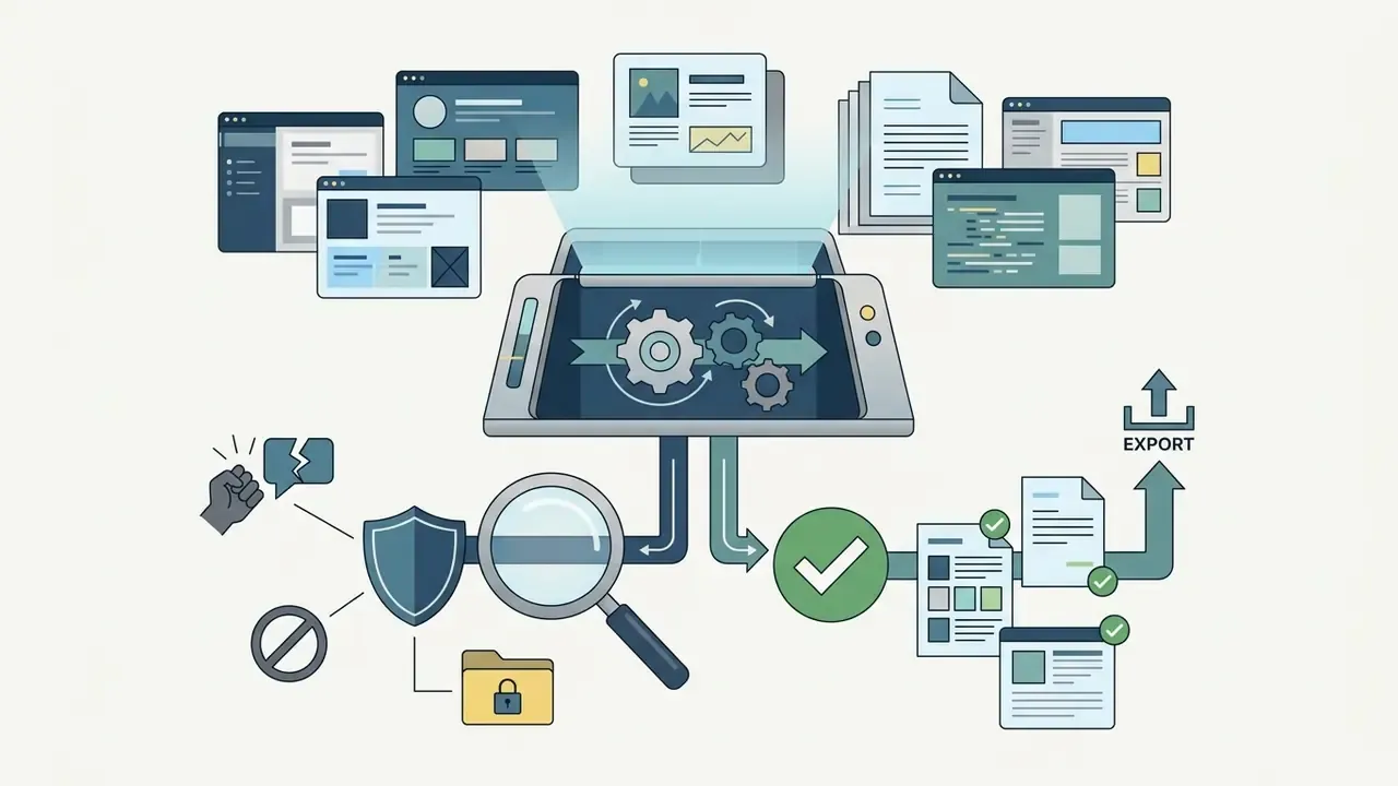Screen captures feeding into a gear processor that analyzes content for policy violations and exports data