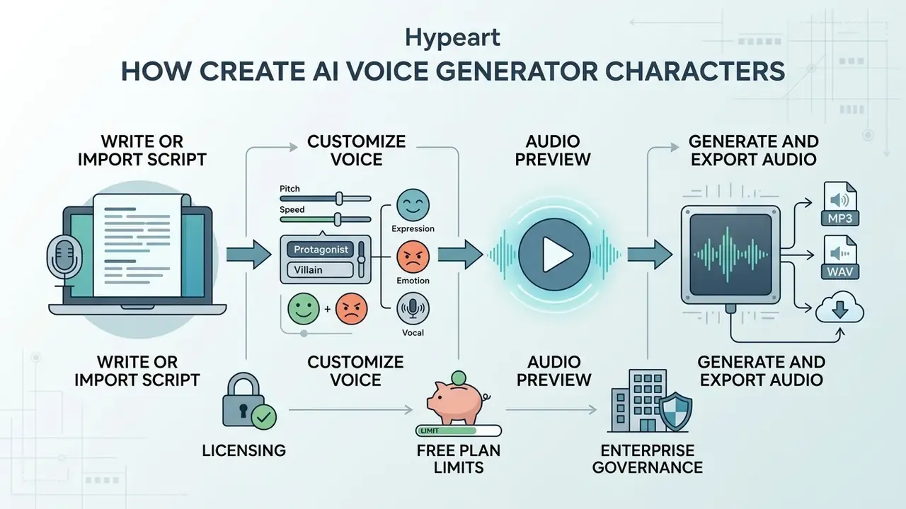 Process flow for using an AI voice generator to create characters from scripts, customization, and export