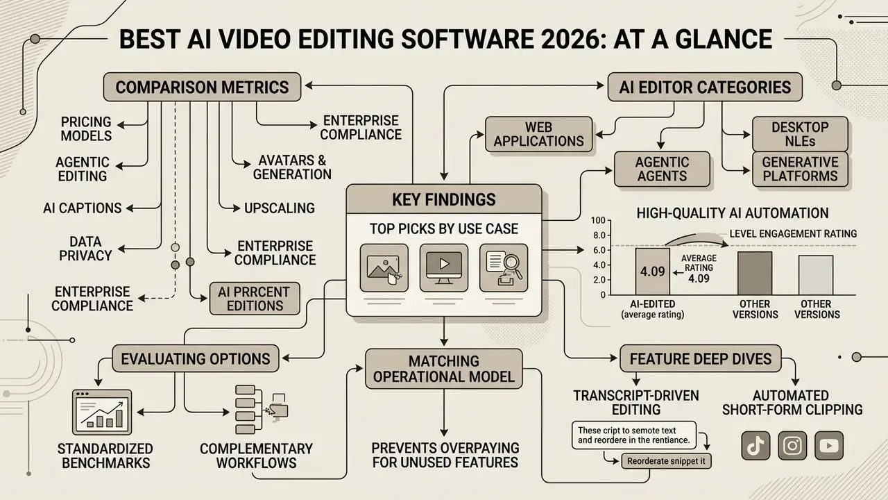 Flowchart mapping AI video editing software categories, comparison metrics, and performance benchmarks
