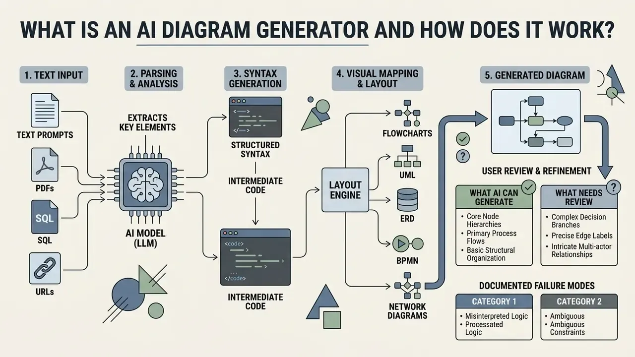 Flowchart showing how an AI model transforms text inputs into structured syntax and visual diagrams