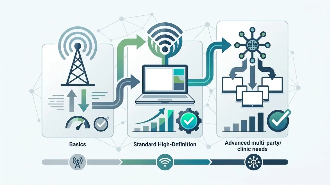 Three tiers of internet connectivity requirements ranging from basic to advanced multi-party video needs