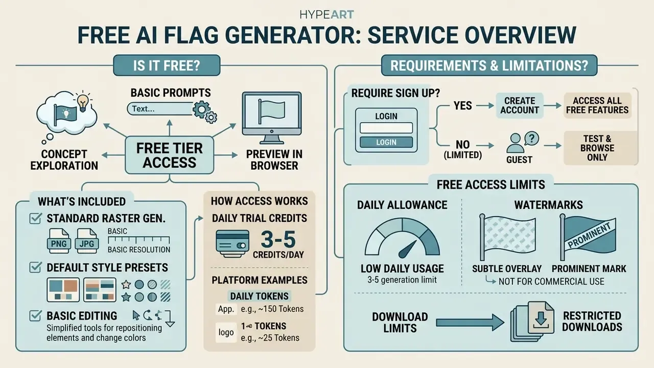 Infographic detailing free service tiers, user requirements, and common usage limitations for design tools