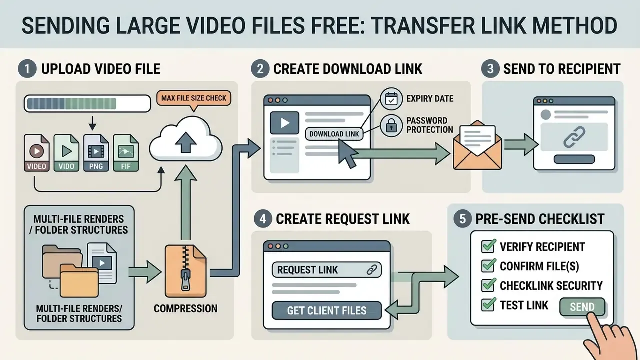 Five step process diagram showing how to compress, upload, link, and verify large video file transfers