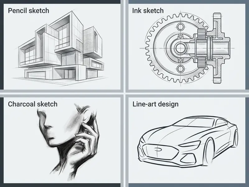 Grid showing a modern house, a mechanical gear, a human face, and a car in various artistic styles