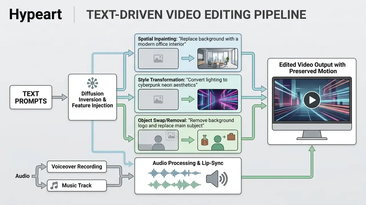 Process diagram showing how text prompts and audio inputs are transformed into edited video outputs